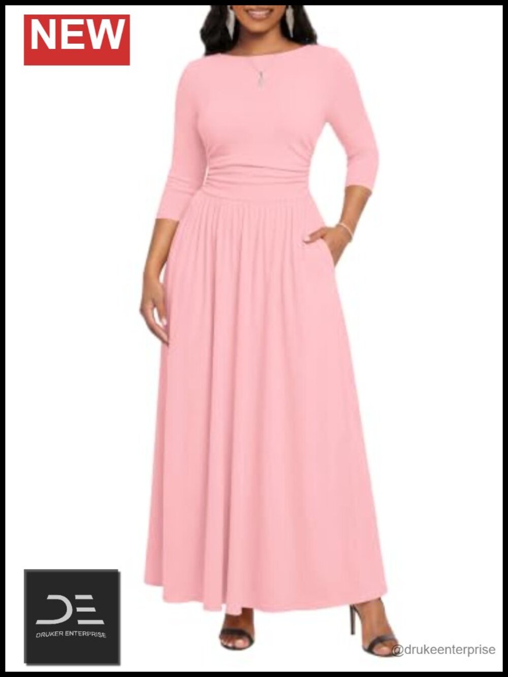 Women's Maxi Dress 3/4 Sleeve Ruched Waist with Pockets